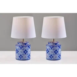 Adesso (Set Of 2) Polly Bonus Table Lamps White And Blue: Ceramic Base, Polyester Drum Shade, ETL Listed