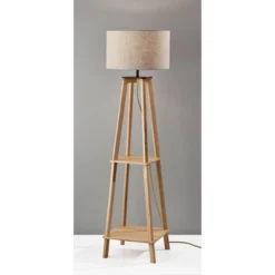 Adesso Kirby Shelf Floor Lamp Natural: Rubberwood Frame, Beige Linen Shade, Storage Shelves, UL Listed